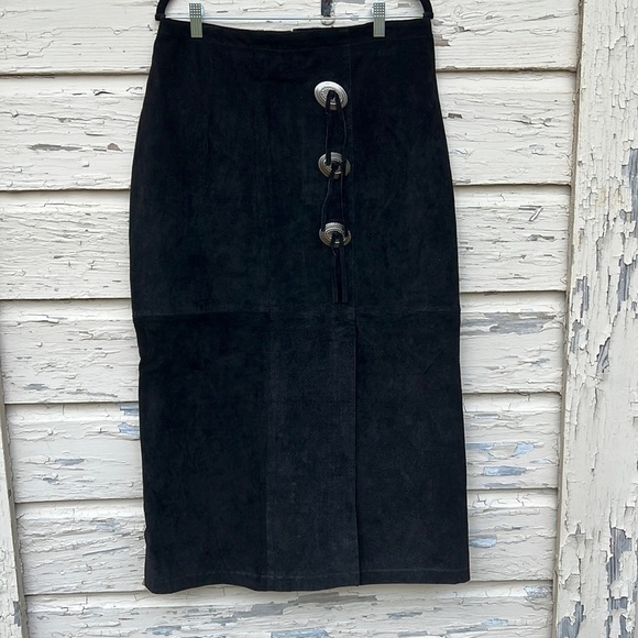 Vintage 90s Tillman Leather Suede Cowboy Western Concho Rodeo Midi Skirt 14 H10 - Picture 1 of 7